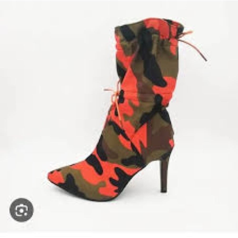 Printed Camouflage Draw Cord Ankle Heel Boots